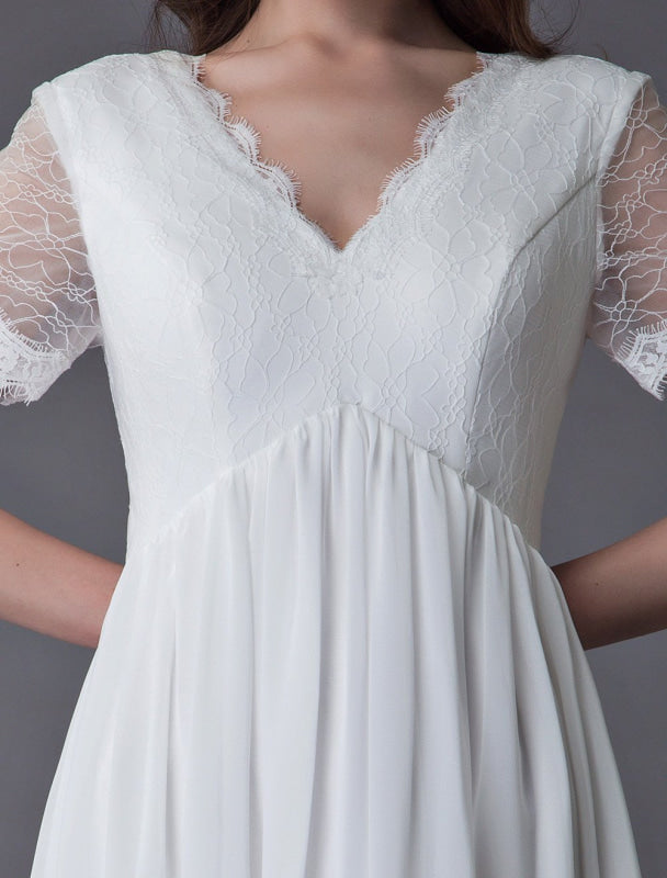 Boho Wedding Dresses Lace Chiffon Ivory Short Sleeve Maxi Beach Bridal Gowns
