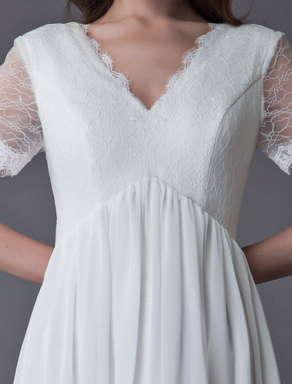 Boho Wedding Dresses Lace Chiffon Ivory Short Sleeve Maxi Beach Bridal Gowns