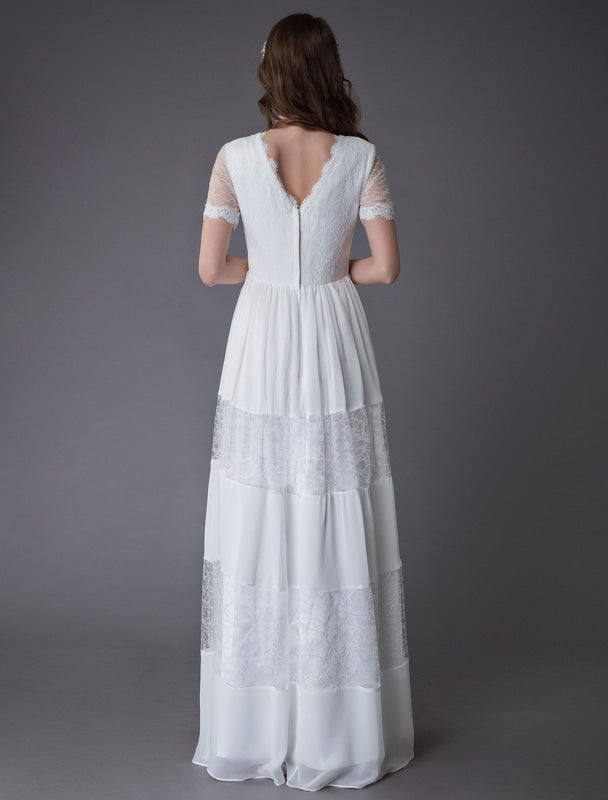 Boho Wedding Dresses Lace Chiffon Ivory Short Sleeve Maxi Beach Bridal Gowns