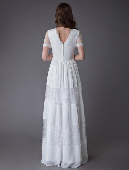 Boho Wedding Dresses Lace Chiffon Ivory Short Sleeve Maxi Beach Bridal Gowns