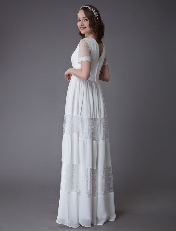 Boho Wedding Dresses Lace Chiffon Ivory Short Sleeve Maxi Beach Bridal Gowns