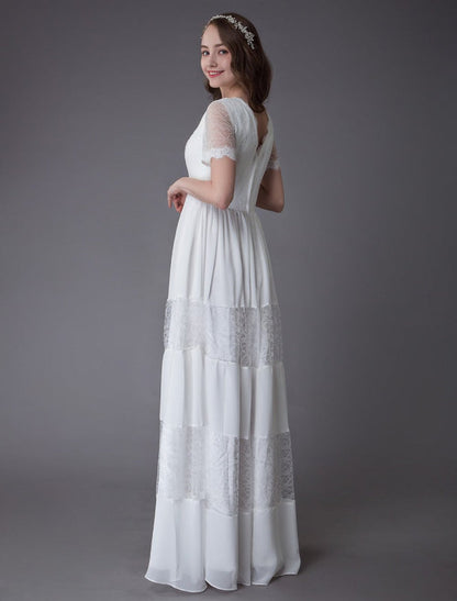 Boho Wedding Dresses Lace Chiffon Ivory Short Sleeve Maxi Beach Bridal Gowns