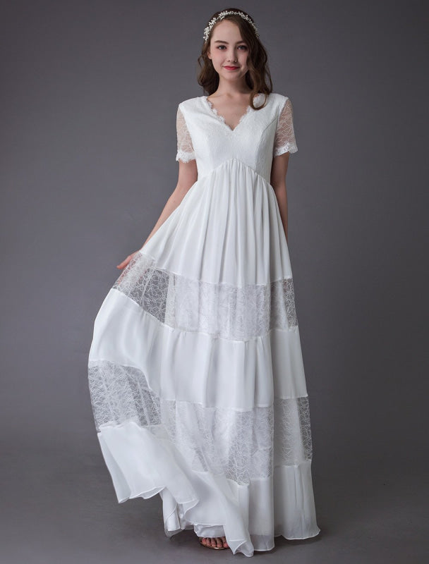 Boho Wedding Dresses Lace Chiffon Ivory Short Sleeve Maxi Beach Bridal Gowns