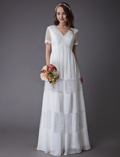 Boho Wedding Dresses Lace Chiffon Ivory Short Sleeve Maxi Beach Bridal Gowns