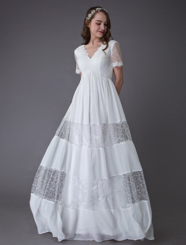 Boho Wedding Dresses Lace Chiffon Ivory Short Sleeve Maxi Beach Bridal Gowns