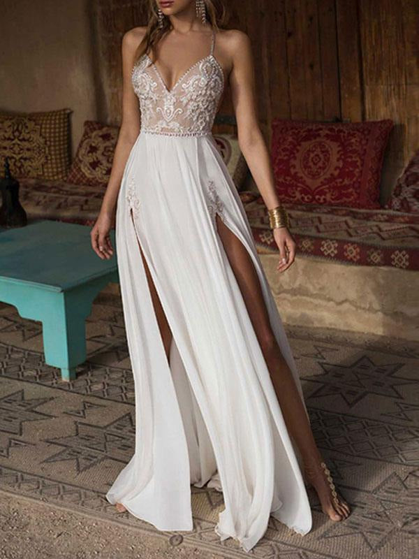 Bohemian Lace Wedding Dress V-Neck Beaded Backless Beach Bridal Gown with Double Slits