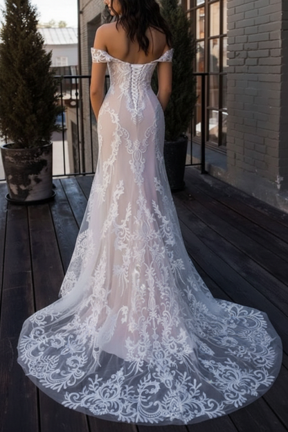 Boho Wedding Dresses Mermaid Off The Shoulder Lace Short Sleeve Bridal Gown With Sweep Train