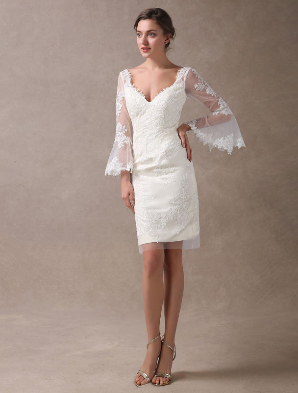 Boho Wedding Dresses Short Sheath Beach Bridal Dress Lace Applique V Neck Knee Length Summer Wedding Gowns