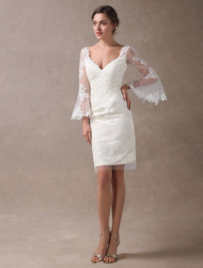 Boho Wedding Dresses Short Sheath Beach Bridal Dress Lace Applique V Neck Knee Length Summer Wedding Gowns
