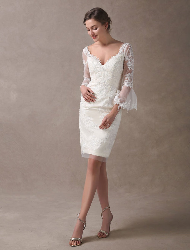 Boho Wedding Dresses Short Sheath Beach Bridal Dress Lace Applique V Neck Knee Length Summer Wedding Gowns