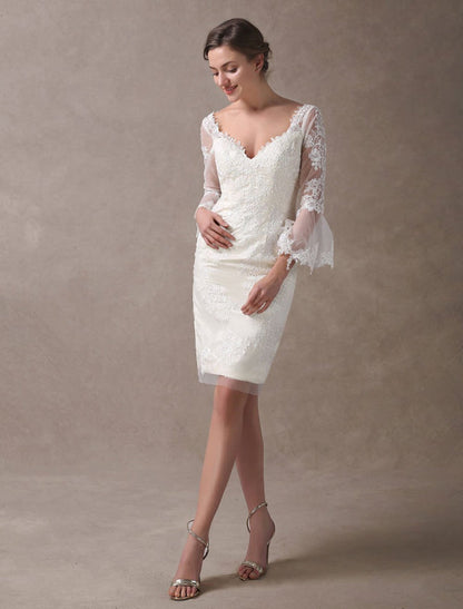Boho Wedding Dresses Short Sheath Beach Bridal Dress Lace Applique V Neck Knee Length Summer Wedding Gowns