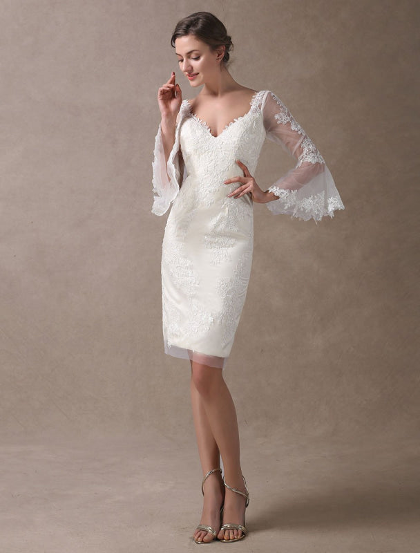 Boho Wedding Dresses Short Sheath Beach Bridal Dress Lace Applique V Neck Knee Length Summer Wedding Gowns