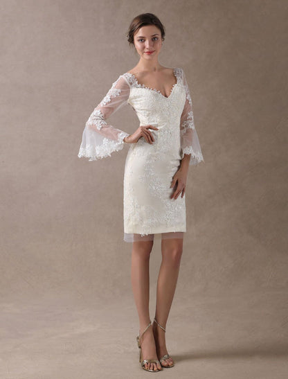 Boho Wedding Dresses Short Sheath Beach Bridal Dress Lace Applique V Neck Knee Length Summer Wedding Gowns
