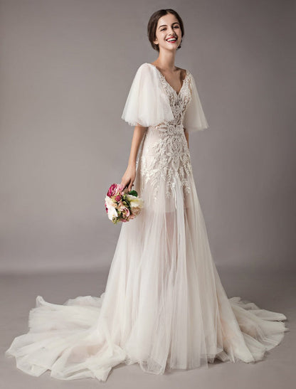 Boho Wedding Dresses Tulle Lace V Neck Butterfly Sleeve Backless Summer Beach Bridal Gowns