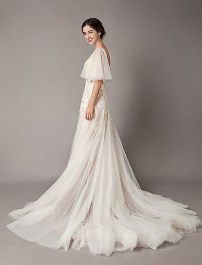 Boho Wedding Dresses Tulle Lace V Neck Butterfly Sleeve Backless Summer Beach Bridal Gowns