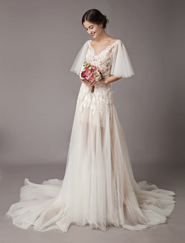 Boho Wedding Dresses Tulle Lace V Neck Butterfly Sleeve Backless Summer Beach Bridal Gowns