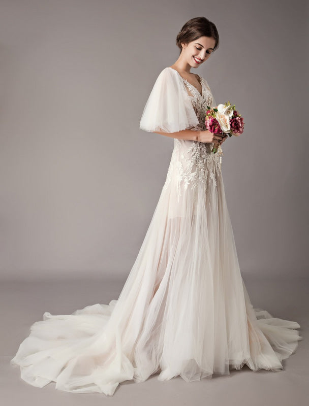 Boho Wedding Dresses Tulle Lace V Neck Butterfly Sleeve Backless Summer Beach Bridal Gowns