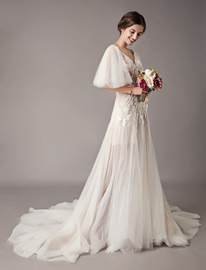 Boho Wedding Dresses Tulle Lace V Neck Butterfly Sleeve Backless Summer Beach Bridal Gowns