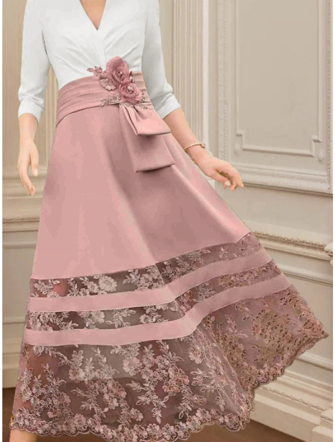 Aimishang  A-Line Mother of the Bride Dress Wedding Guest Elegant V Neck Ankle Length Stretch Chiffon 3/4 Length Sleeve with Lace Ruching Flower