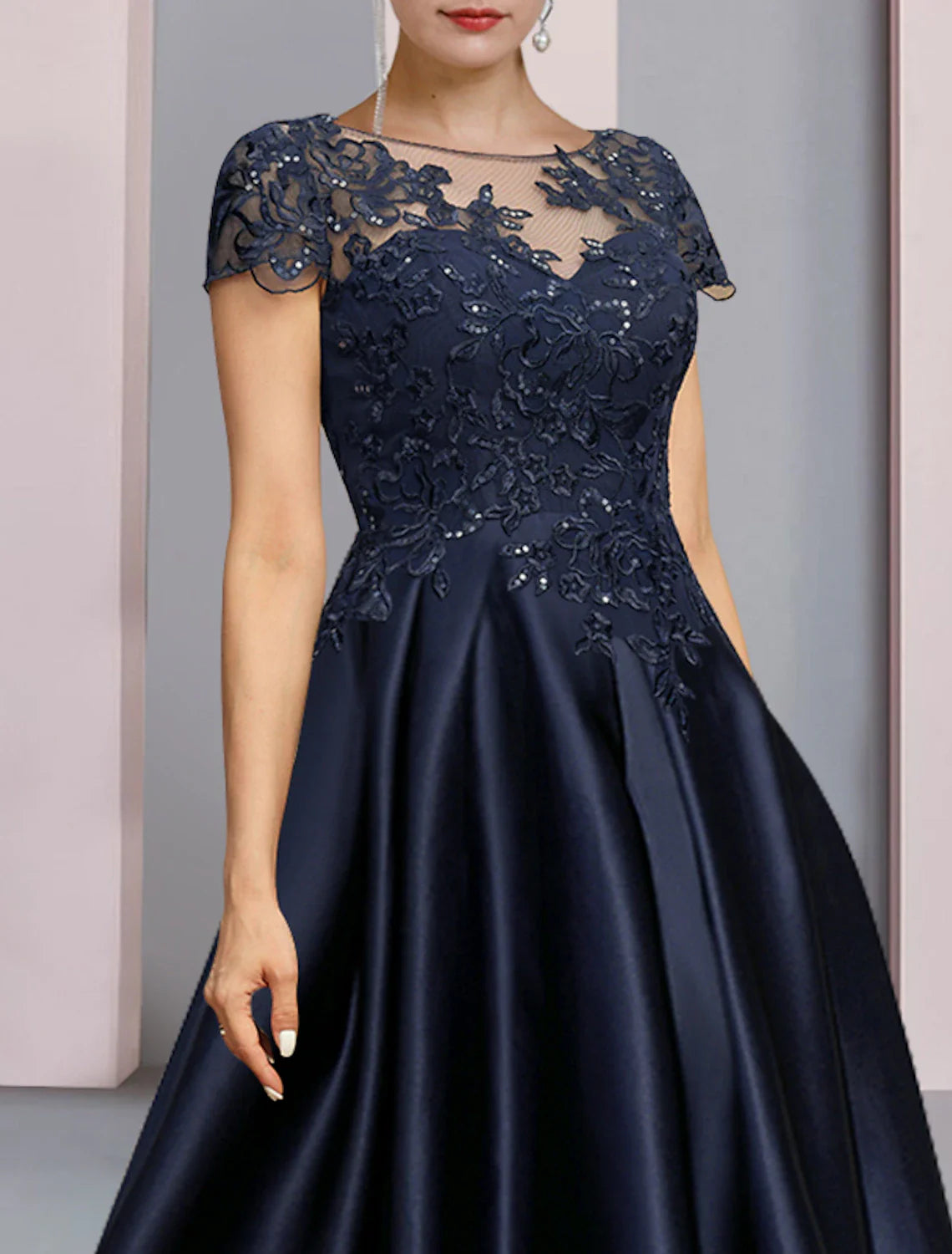 Aimishang  A-Line Mother of the Bride Dress Formal Wedding Guest Party Elegant High Low Scoop Neck Asymmetrical Tea Length Satin Lace Half Sleeve with Sequin Appliques