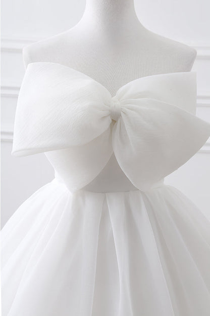 Long Lace-Up A-line Strapless White Wedding Dress with Bowkot