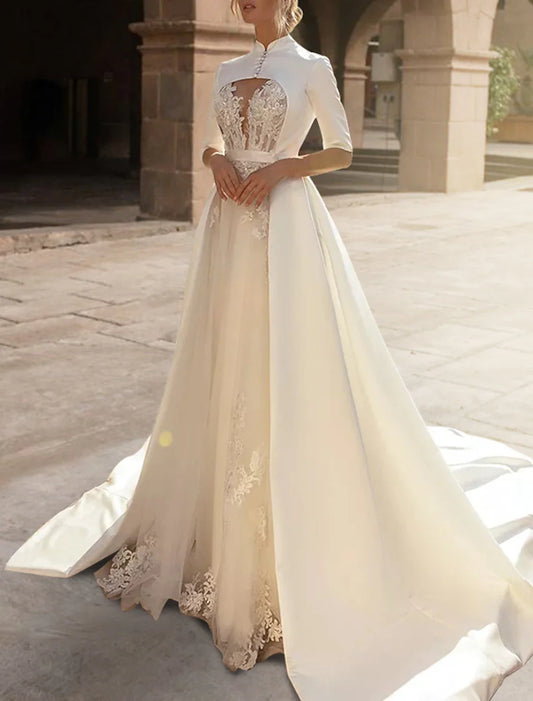 Aimishang Engagement Royal Style Formal Wedding Dresses A-Line Sweetheart Half Sleeve Court Train Satin Bridal Gowns With Ruffles Appliques