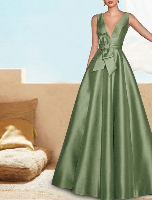 A-Line Evening Gown Elegant Dress Prom Wedding Party Dress Floor Length Sleeveless V Neck Satin with Sash / Ribbon Pleats 2025
