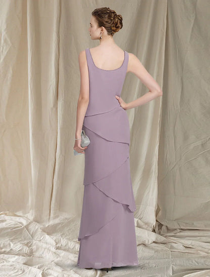 Aimishang  Two Piece Sheath / Column Mother of the Bride Dress Elegant Scoop Neck Floor Length Chiffon Sleeveless Wrap Included with Beading Cascading Ruffles