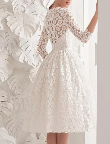 Aimishang Reception Little White Dresses Wedding Dresses A-Line Scoop Neck 3/4 Length Sleeve Knee Length Lace Bridal Gowns With Sashes / Ribbons Appliques