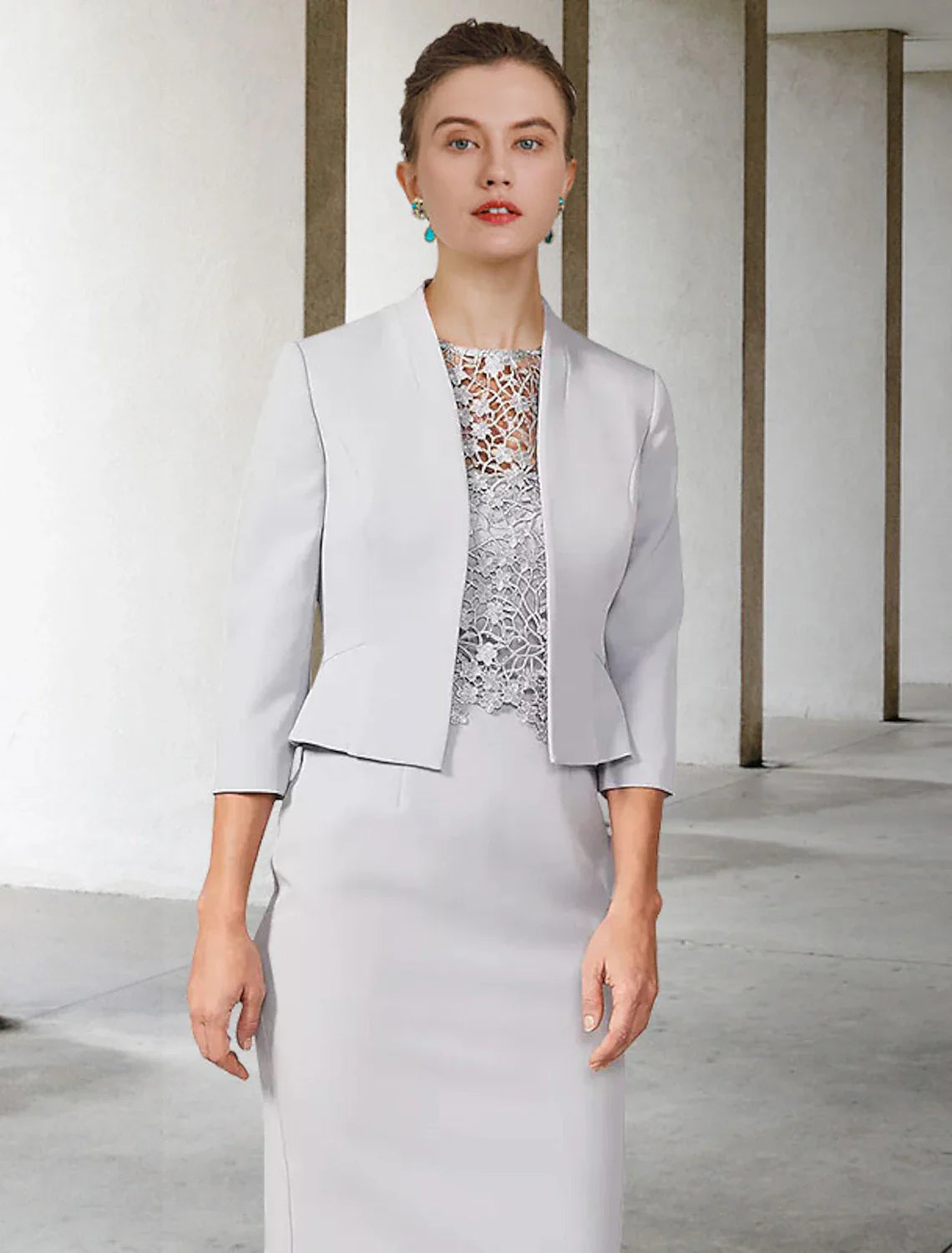 Aimishang  Two Piece Sheath / Column Mother of the Bride Dress Church Elegant Jewel Neck Knee Length Chiffon Lace Short Sleeve Short Jacket Dresses with Appliques