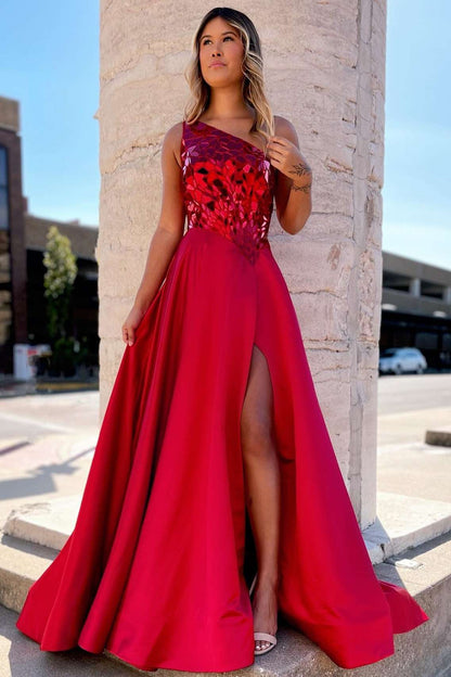 Blue Cut Glass Mirror One-Shoulder A-line Long Prom Dress