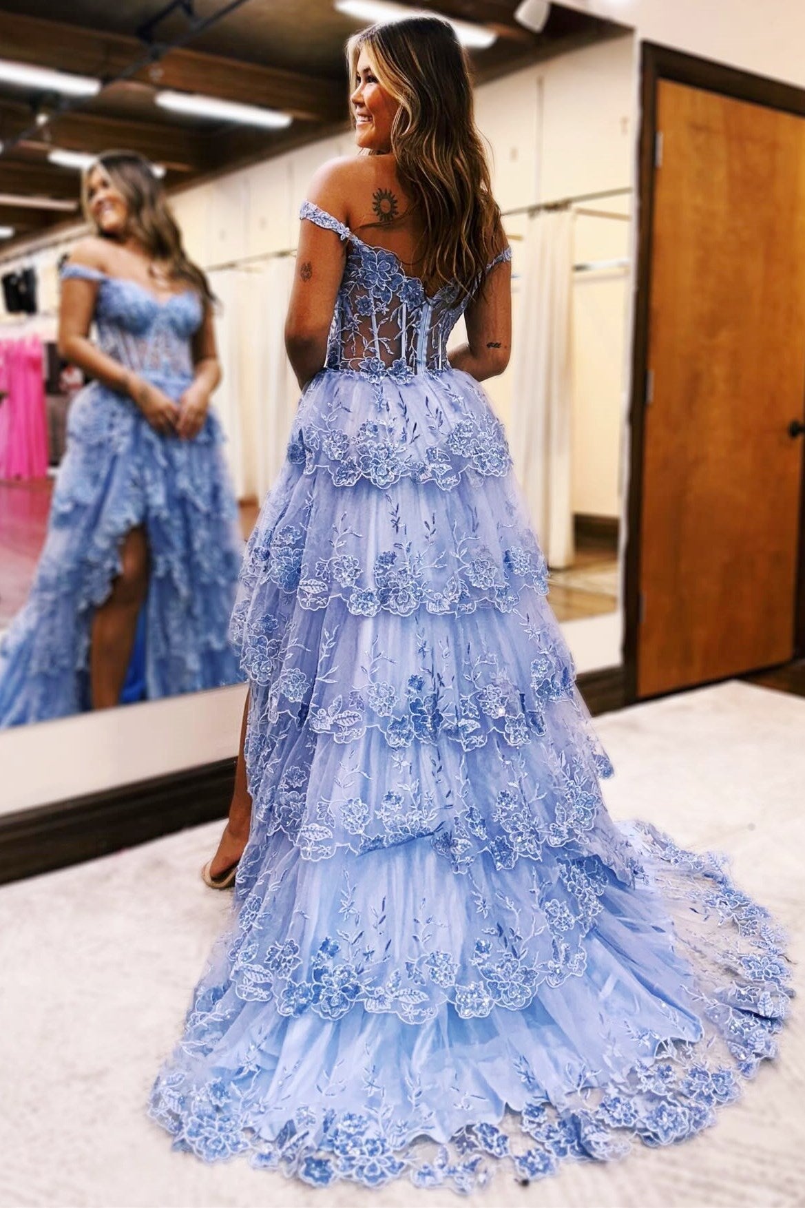 A-Line Appliques Off-the-Shoulder Ruffle Empire-Waist Sleeveless Long Prom Dress