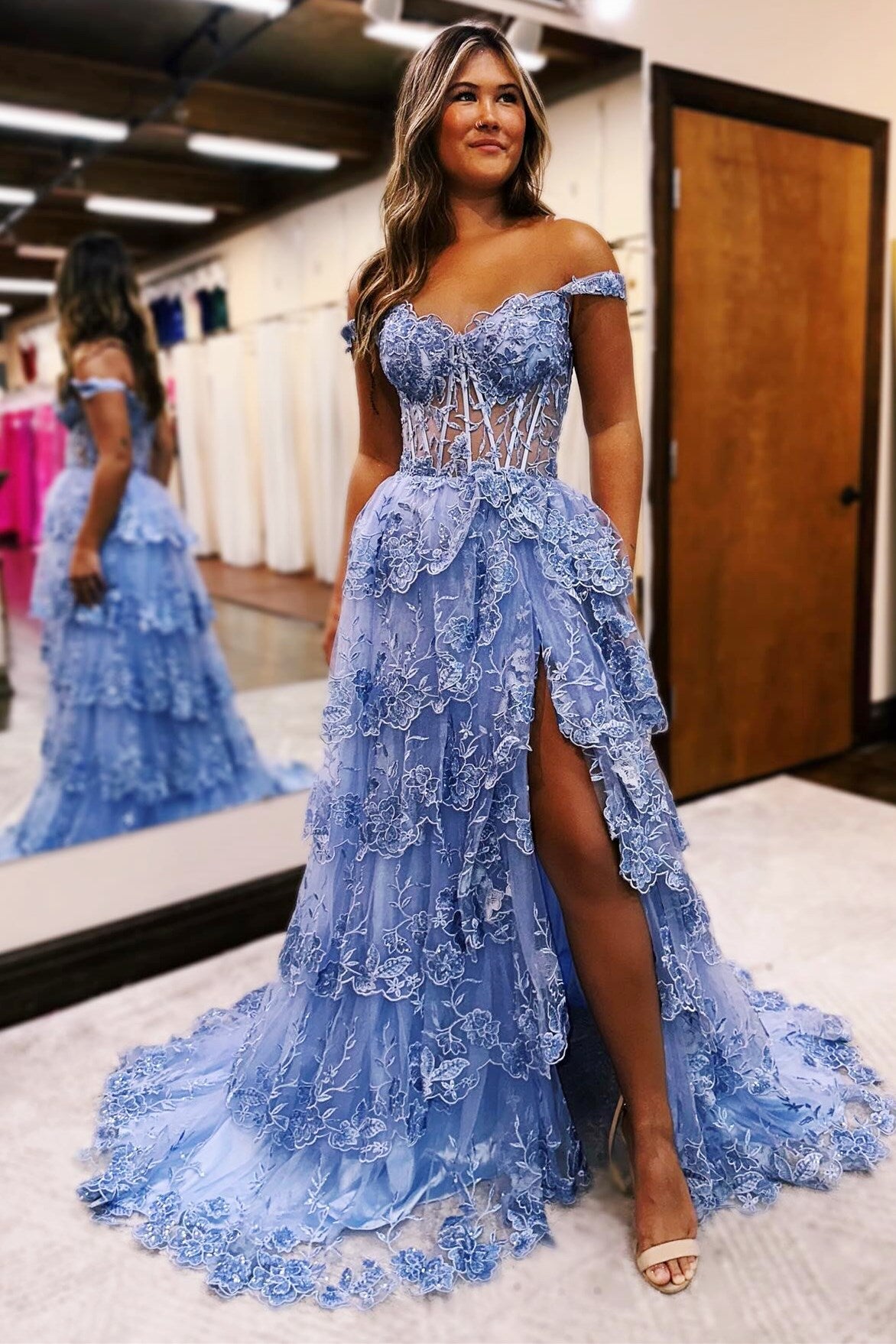 A-Line Appliques Off-the-Shoulder Ruffle Empire-Waist Sleeveless Long Prom Dress