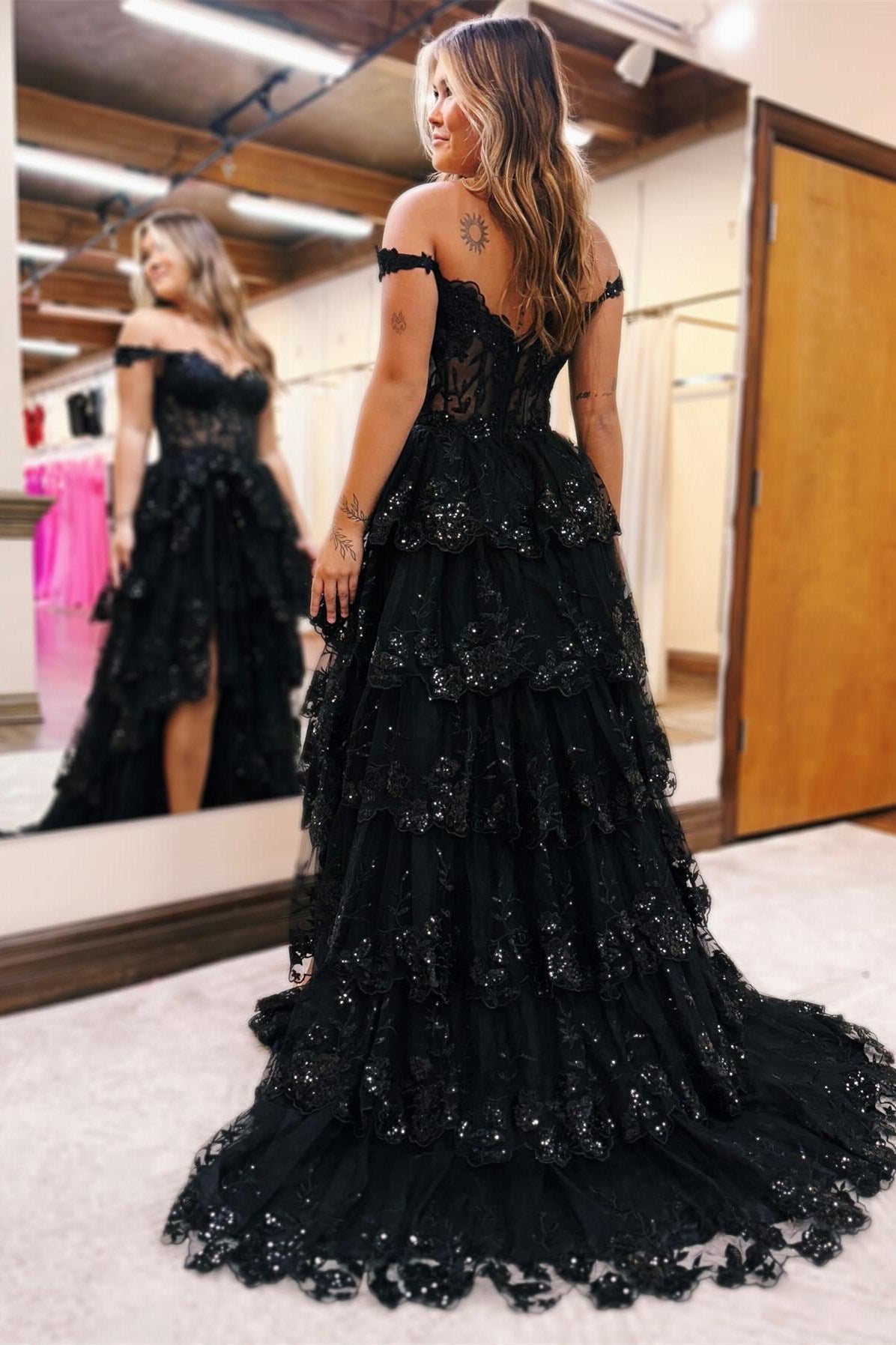 A-Line Appliques Off-the-Shoulder Ruffle Empire-Waist Sleeveless Long Prom Dress