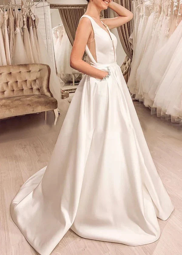 A-line Sleeveless V-Back Satin Bridal Dresses with Pockets