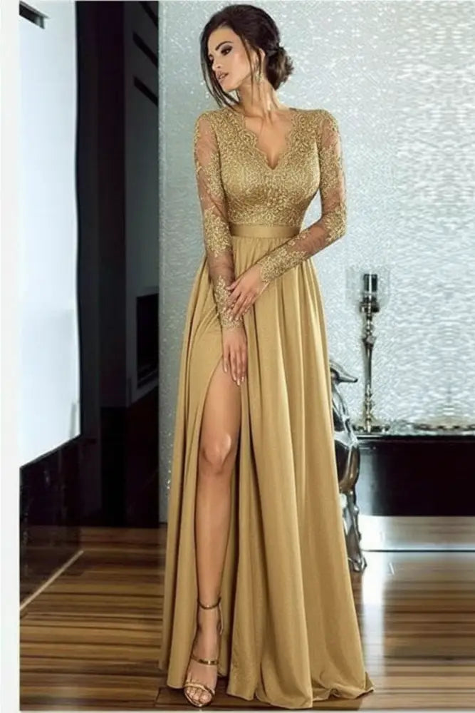 Bridelily A-line Long Sleeves V-neck Split Floor-length Lace Appliques Prom Dresses
