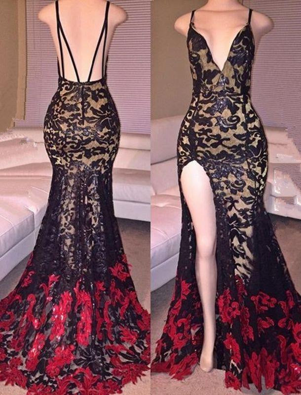 Bridelily Black Red Lace Spaghettis-Straps Side-Slit Mermaid Prom Dresses