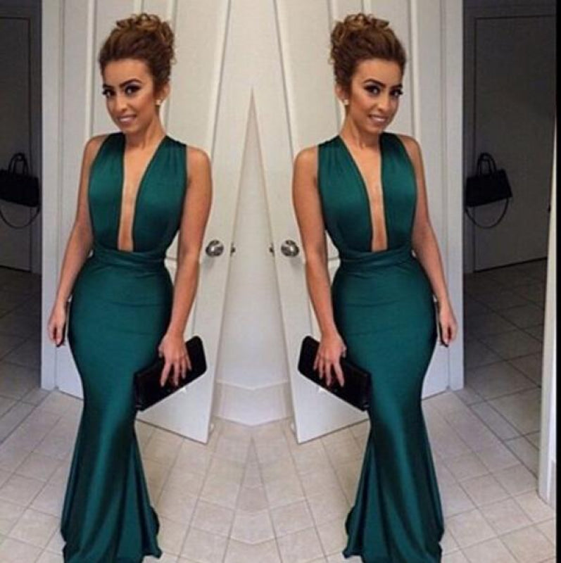 Bridelily Dark Green Mermaid Prom Dresses Deep V Neck Satin Evening Gowns