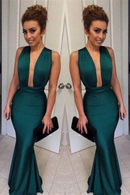 Bridelily Dark Green Mermaid Prom Dresses Deep V Neck Satin Evening Gowns
