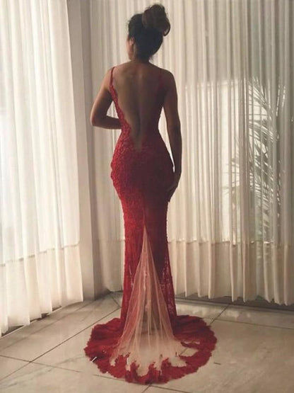 Bridelily Mermaid Sleeveless V-Neck Lace Tulle Prom Dresses with Sweep Train