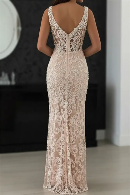 Bridelily Sexy Lace Evening Gowns Sleeveless Beading Split Prom Dresses CE0061