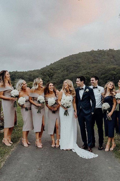 Mermaid Off Shoulder Pink Bridesmaid Dress with Slit Front