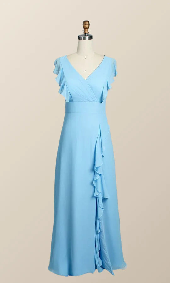Blue Chiffon Ruffles Long Bridesmaid Dress