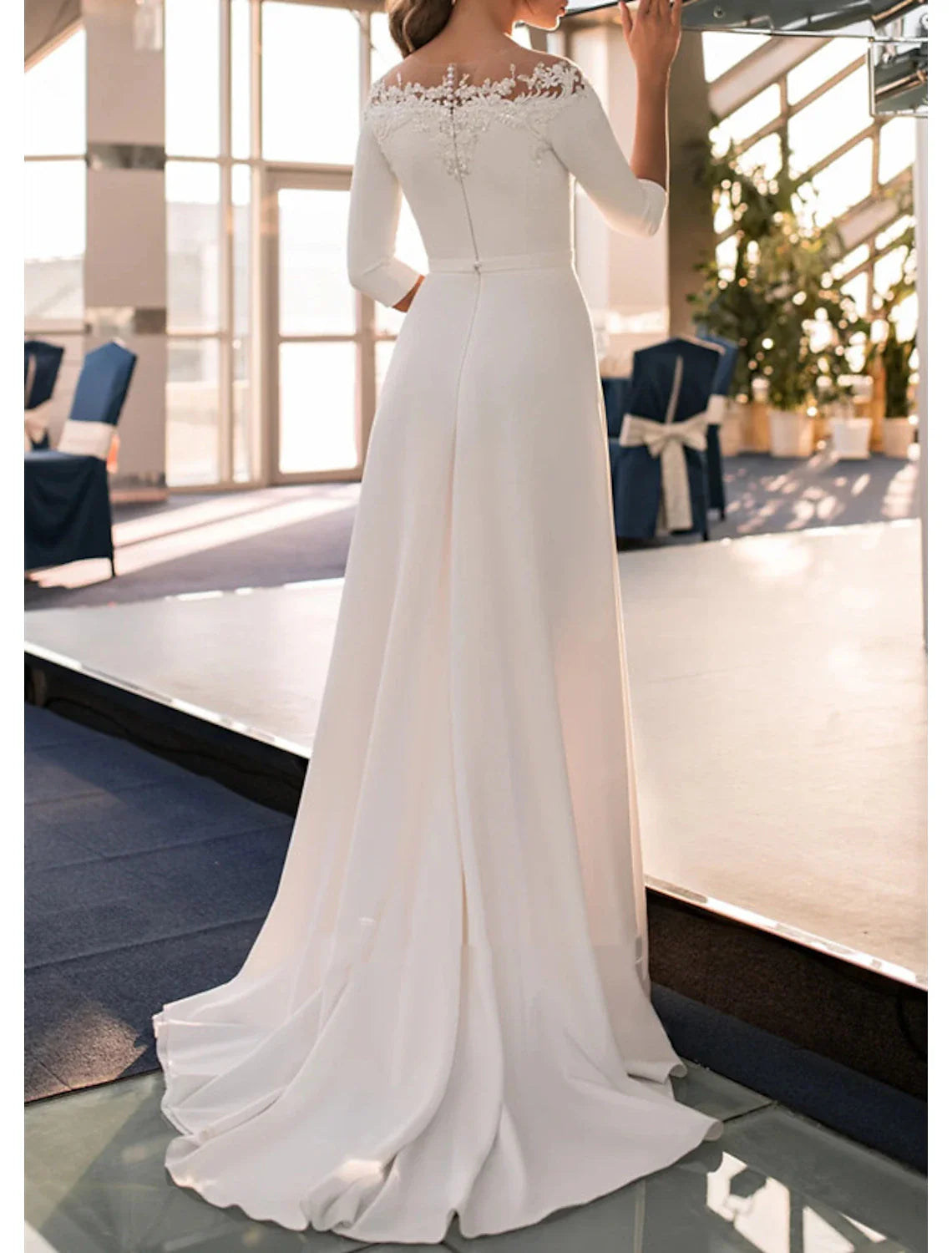 Aimishang Engagement Formal Wedding Dresses A-Line Off Shoulder 3/4 Length Sleeve Sweep / Brush Train Lace Bridal Gowns With Appliques Solid Color