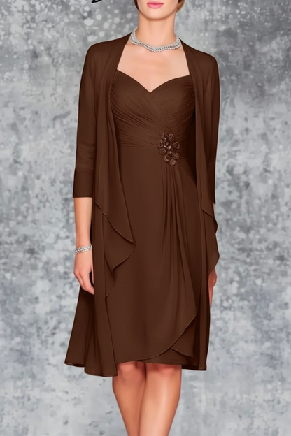 3/4 Sleeves Knee Length Ruffle Chiffon Mother of the Bride Outfits with Lace