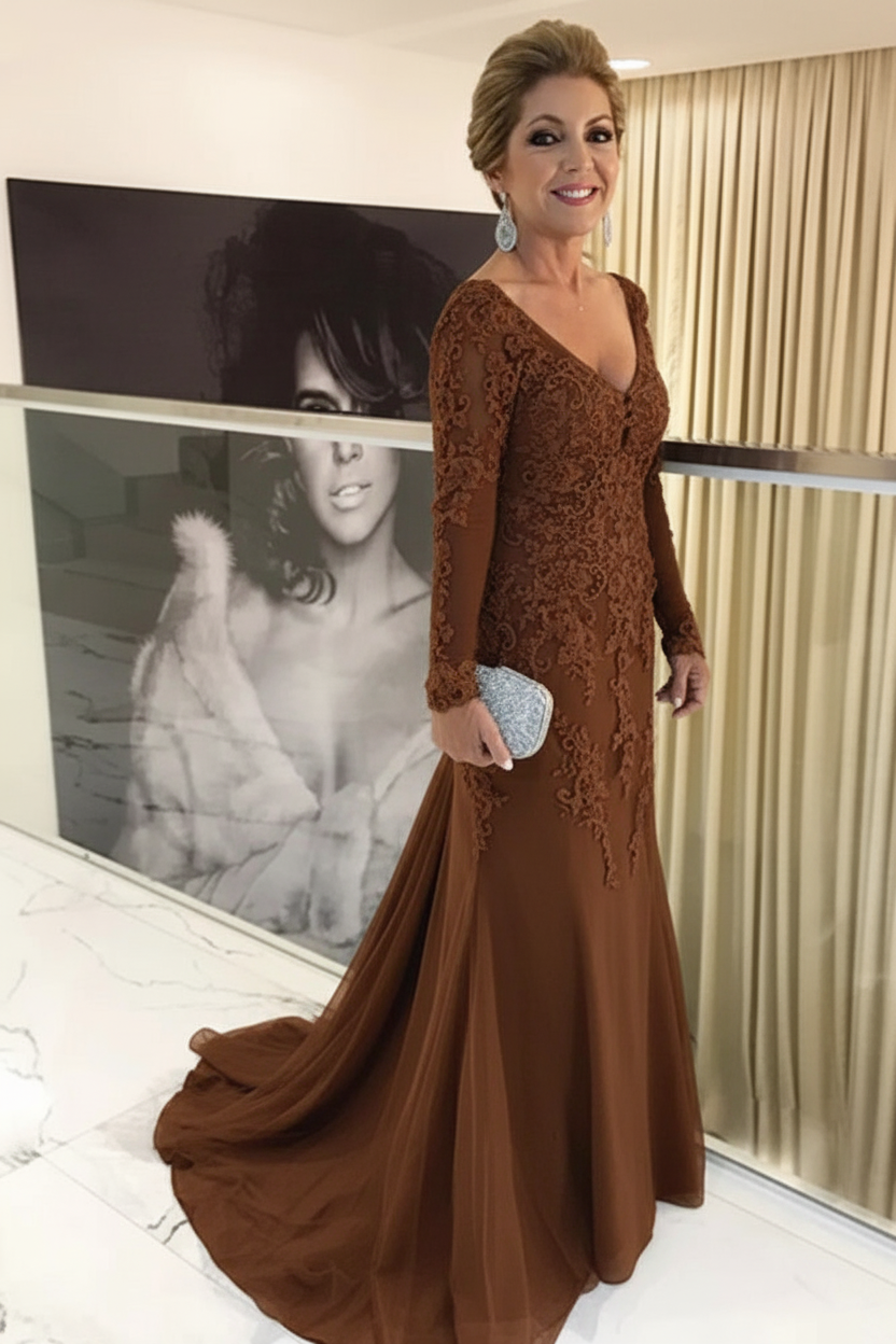 Elegant Long Sleeves Lace mother of the bride dress V-Neck