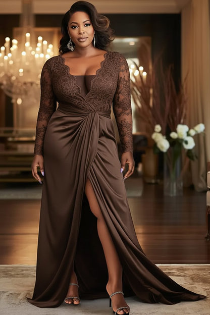 V-Neck Black Mother of the Bride Dress Long Sleeves lace Front Slit Wedding Guest Dress