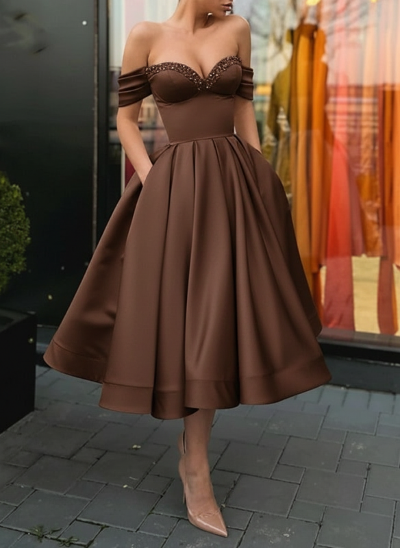 Off Shoulder Satin Tea Length Prom Dresses Sequins Pink Formal Graduation Evening Dresses