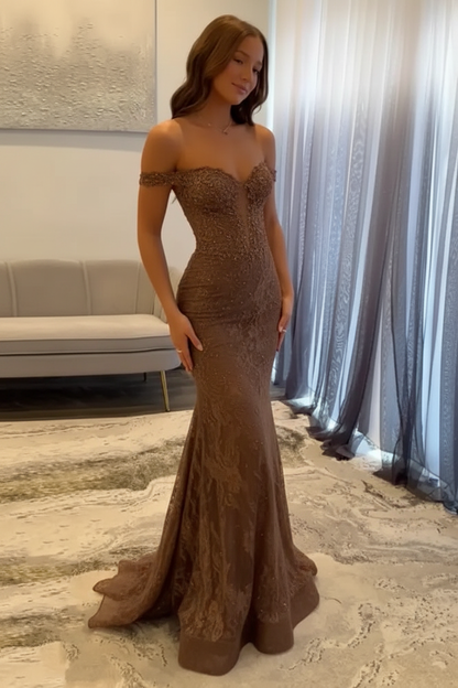 Off-the-Shoulder Mermaid Evening Dress Lace Prom Dress Long