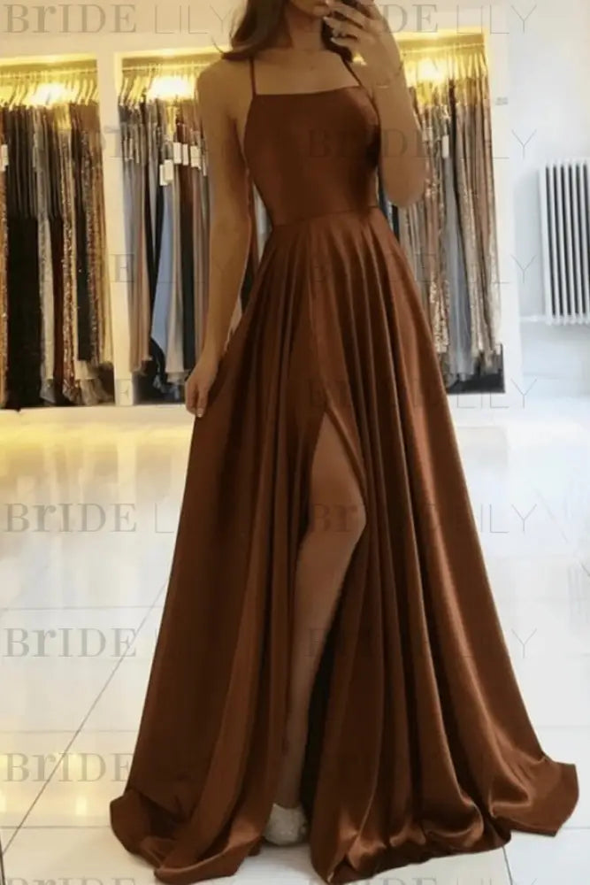 Simple Prom Dress Long With Spaghetti Straps Front Slit Satin Evening Dress
